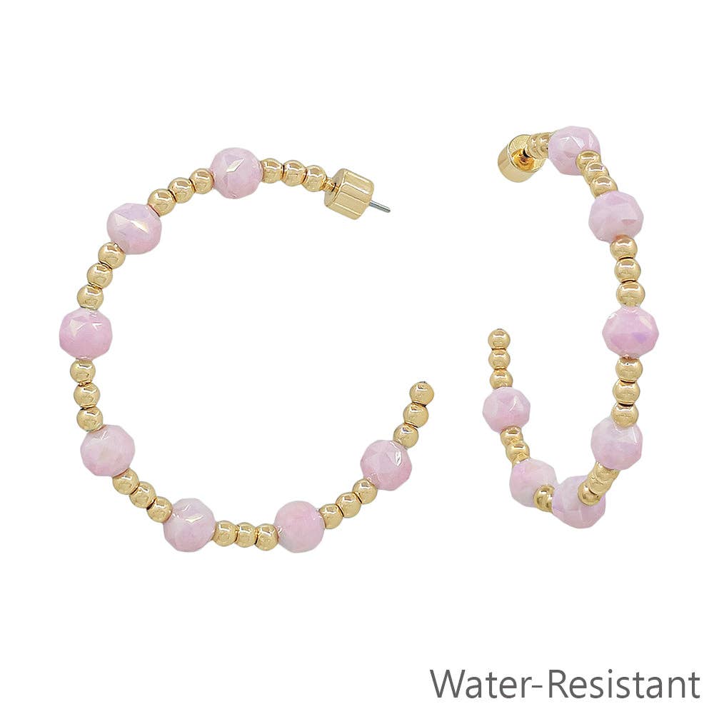 Gold & Pink Beaded Hoop Earring