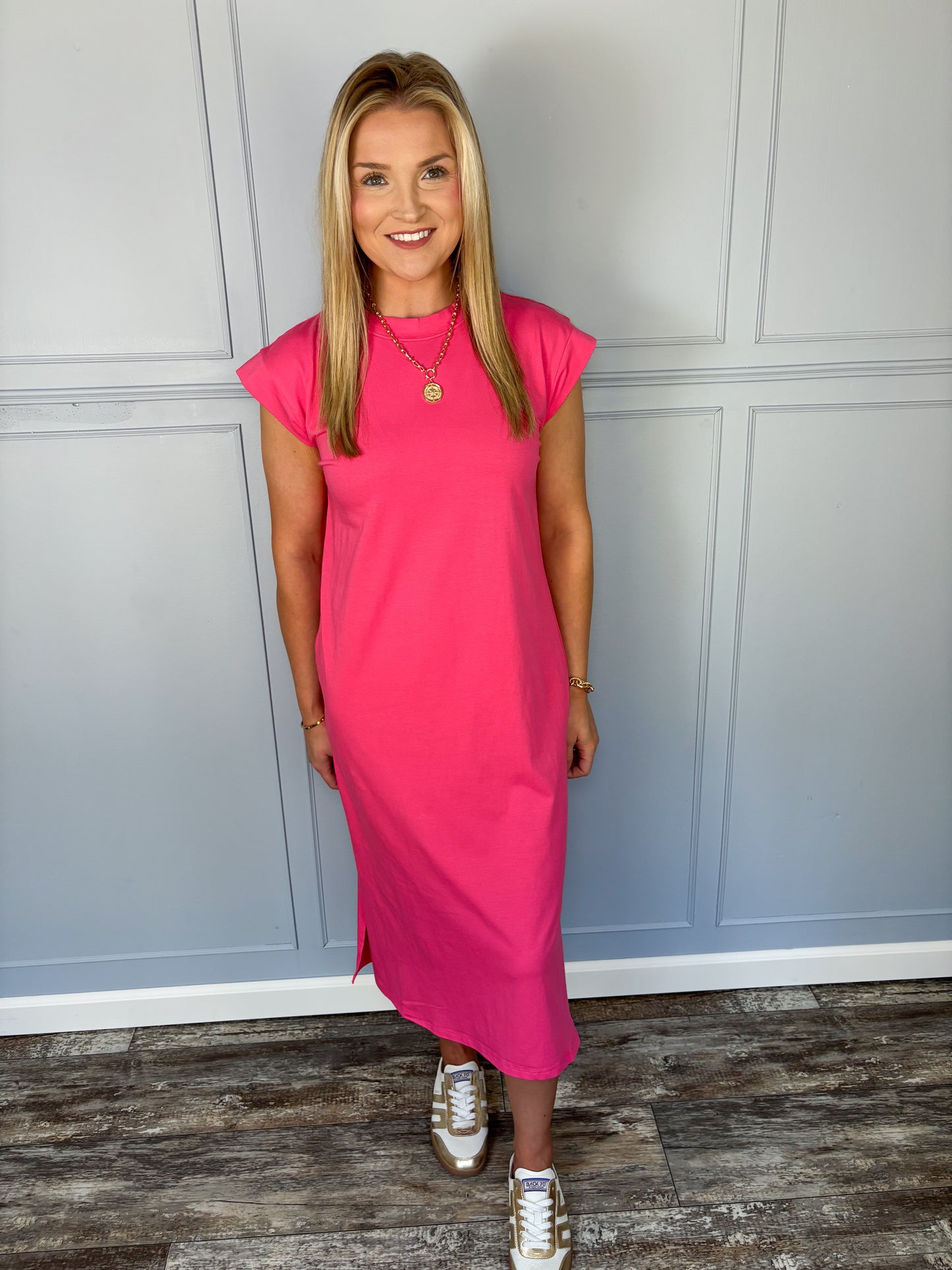 Soft Spoken Midi Tee Shirt Dress - Fuchsia
