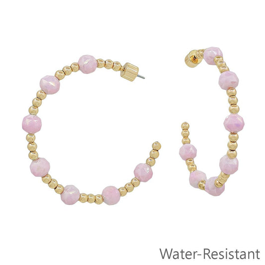 Gold & Pink Beaded Hoop Earring