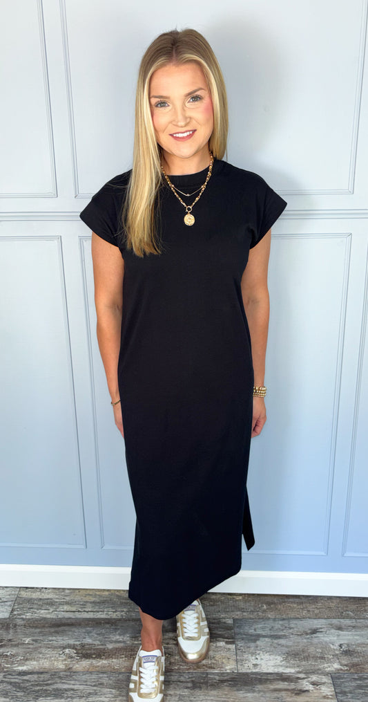 Soft Spoken Midi Tee Shirt Dress - Black
