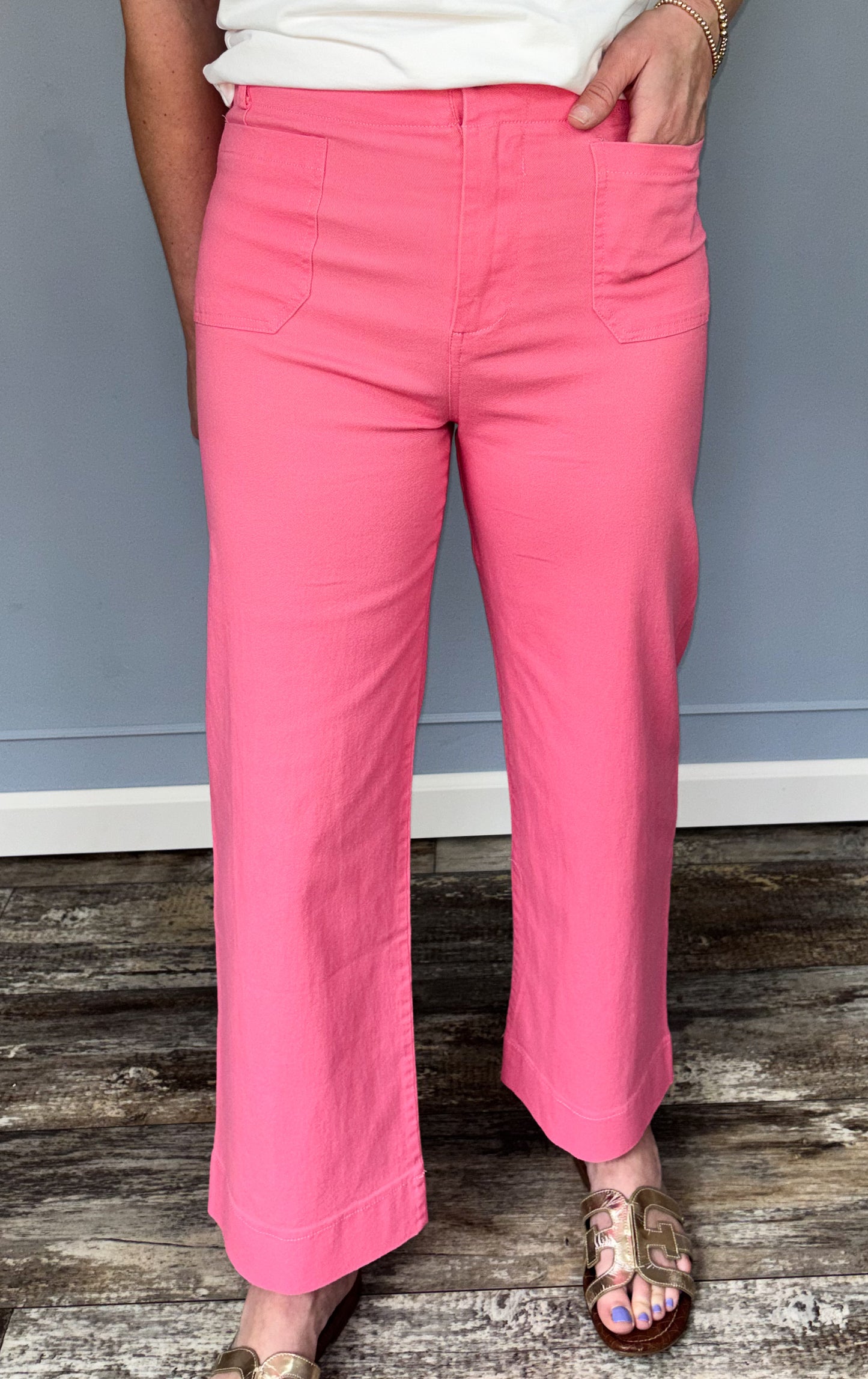 High Waist Cropped Wide Leg Pants - Berry Pink