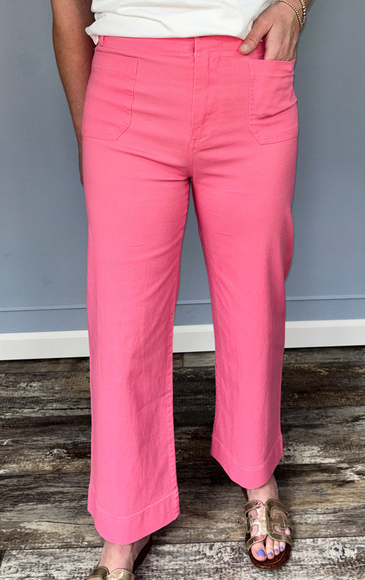 High Waist Cropped Wide Leg Pants - Berry Pink