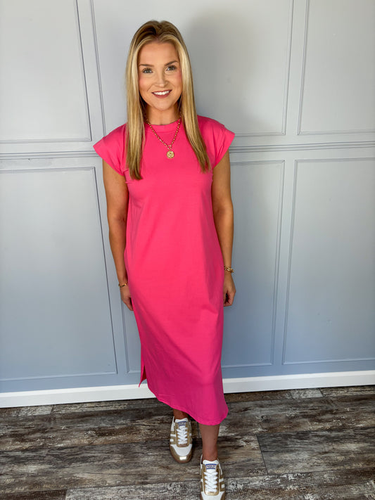 Soft Spoken Midi Tee Shirt Dress - Fuchsia