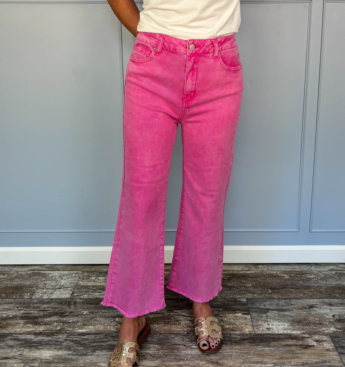 Zenana Acid Wash Cropped Bootcut Pants - Hot Pink