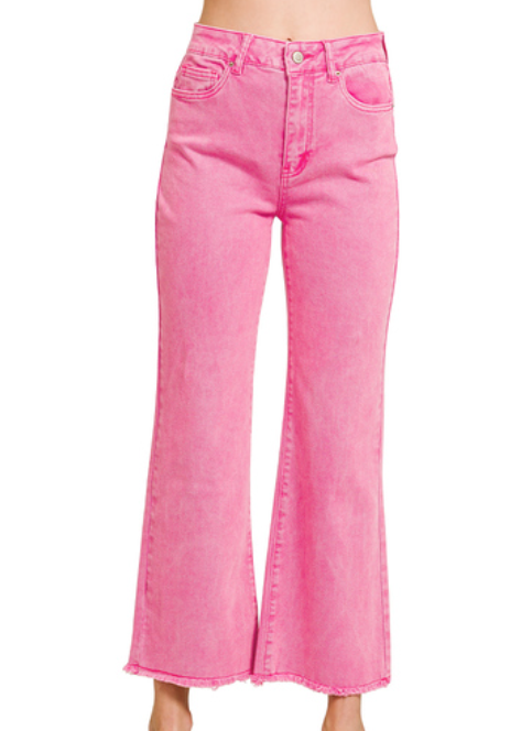 Zenana Acid Wash Cropped Bootcut Pants- Hot Pink